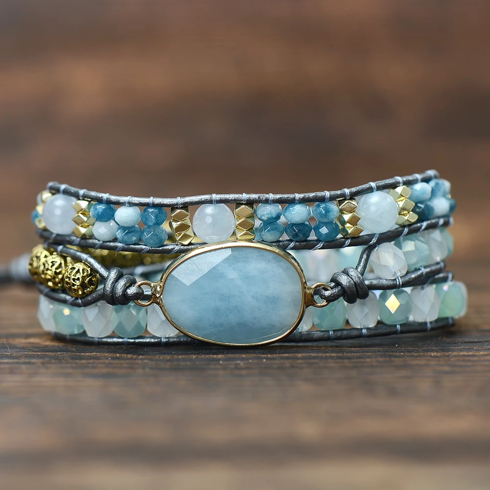 Модный кожаный браслет в 3 ряда спиртовые аквамарины натуральный камень плетеный