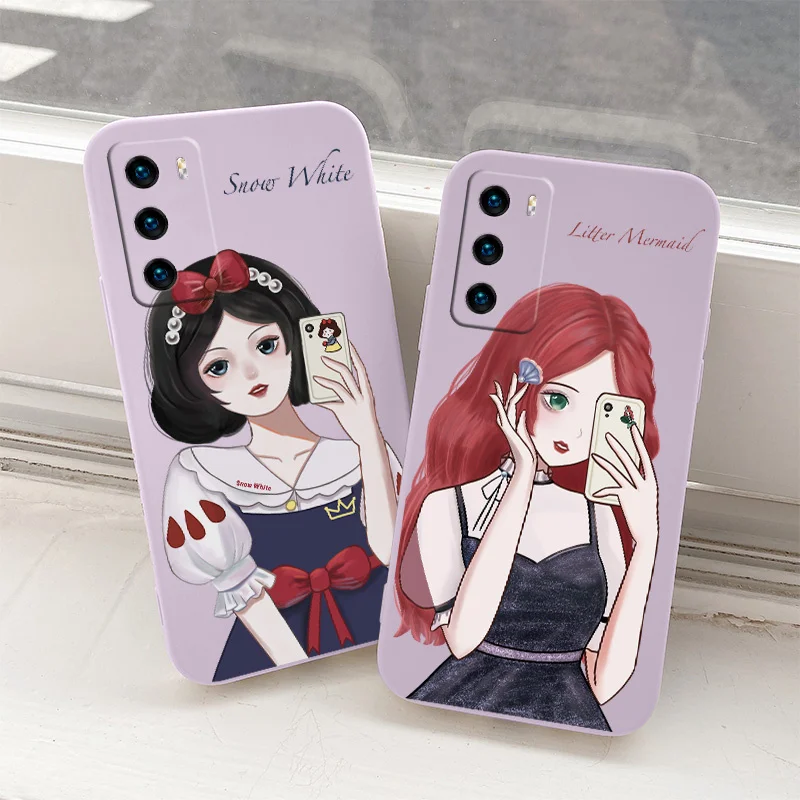 

Beauty Princess Liquid Silicone Phone Case For Huawei P40 P30 P20 Pro Mate 40 30 20 Pro Lite P Smart 2021 Y7A Soft Back Cover