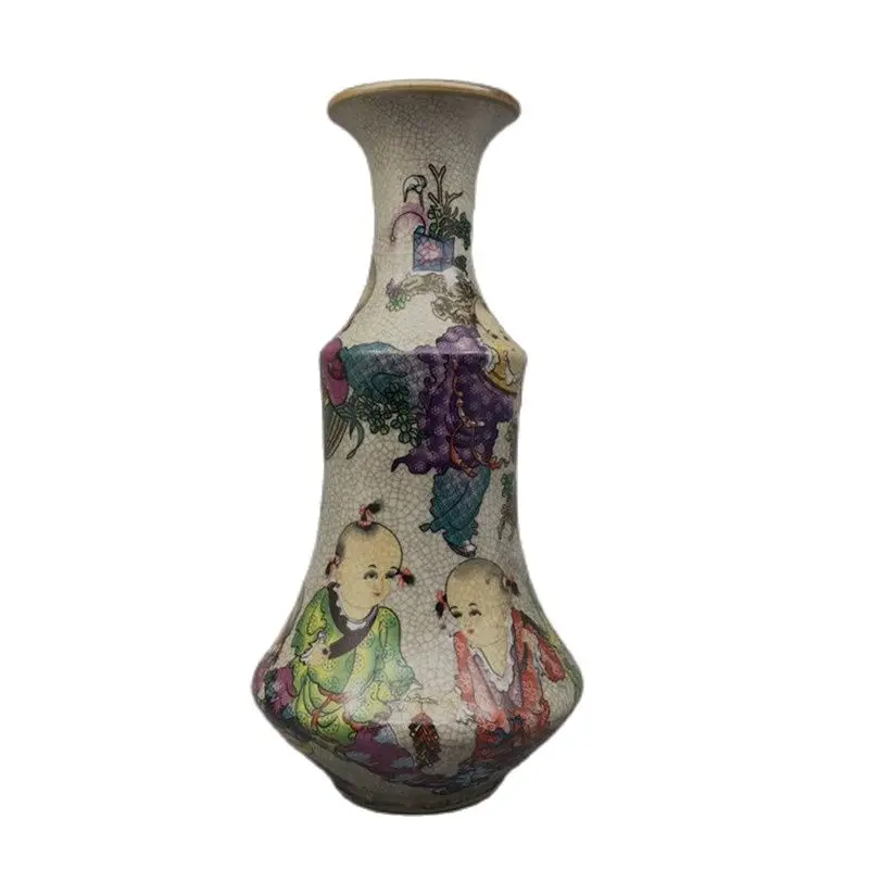 

China Old Porcelain Pink Baby Drama Pagoda Bottle Cracked Glaze Porcelain Vase