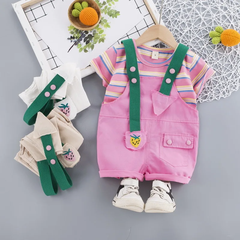 

Детский костюм с клубникой, летний костюм из двух предметов с коротким рукавом для девочек, 2021