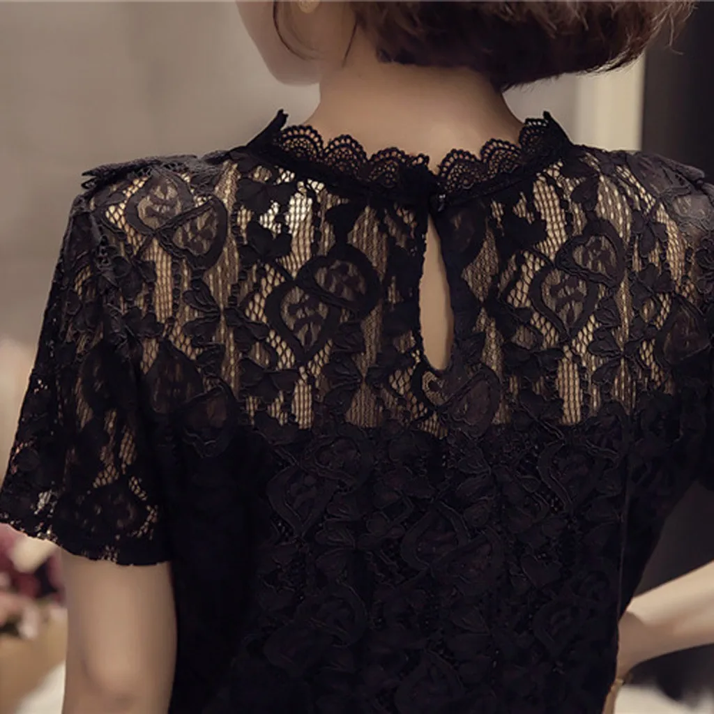 

Fashion Hollow Out Lace Blouse Shirt Solid O-Neck Loose Tops Casual Summer Ladies Top Female Women Short Sleeve Blusas Pullover