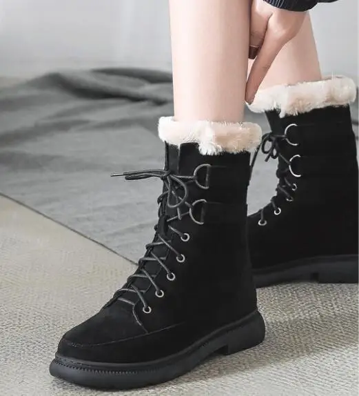 Black Женские зимние ботинки; нескользящие Полусапоги; Botas Mujer; теплая зимняя обувь до середины икры на платформе с толстым мехом; британский стиль; Цвет черный, бежевый - Цвет: Black