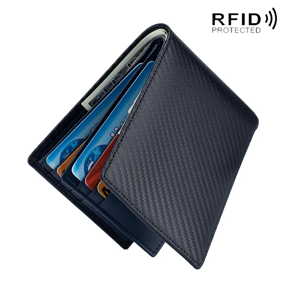 

High Quality Carbon Fiber Cow Split Leather RFID Wallets Bank Credit Card Case ID Holders Male Coin Purse