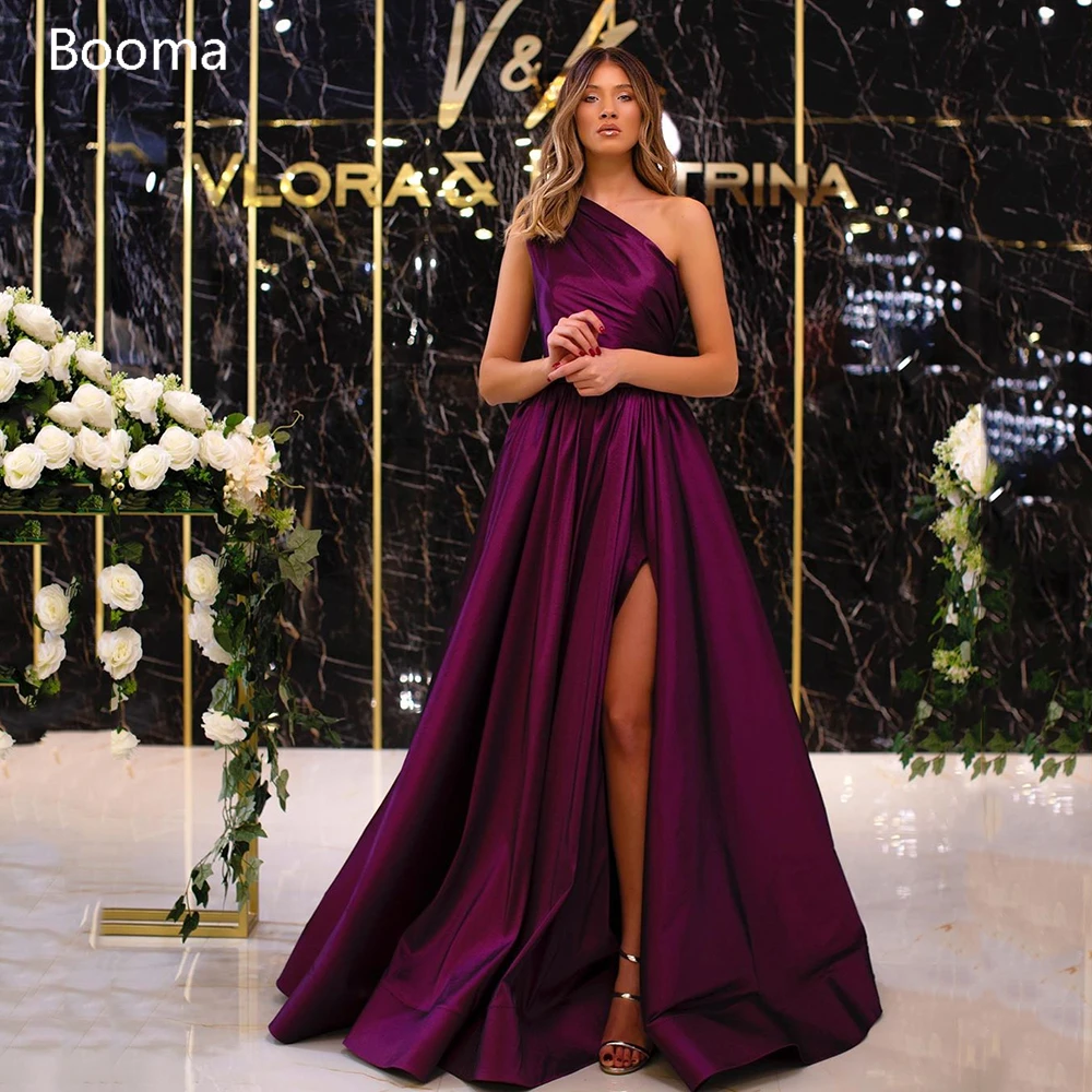 

Booma Purple Satin Evening Dresses One Shoulder High Slit Side Long Evening Gowns Pleated A-Line Formal Prom Dresses