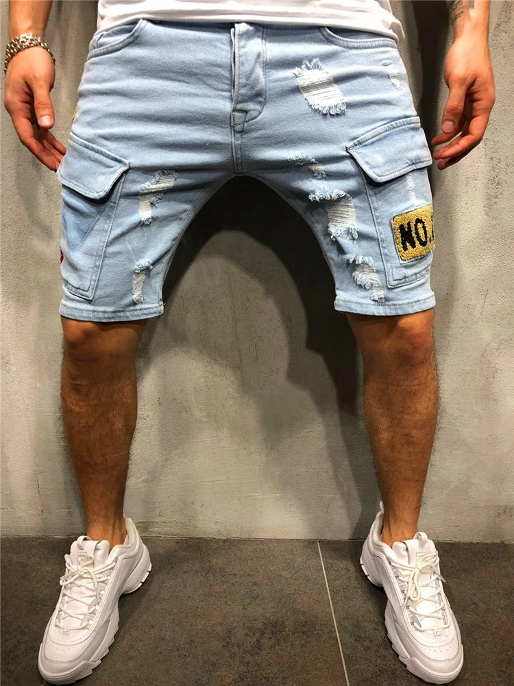 

SHZQ 3 Styles Ripped Summer Men's Embroidered Pocket Denim Shorts Hip-hop Jogging 5 Cent Shorts Paint Straight Slim White Dot Je