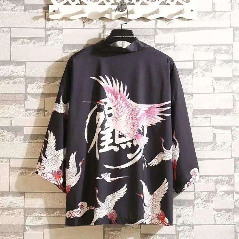 

Black White Crane Print Kimonos Costume Woman Coat Girl Crane Cosplay Yukata Harajuku Shirts Japan Women Haori Japanese Cardigan