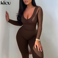 kliou solid classic jumpsuit women u neck cleavage long sleeve skinny one piece outfit body shaping atirewear female overall