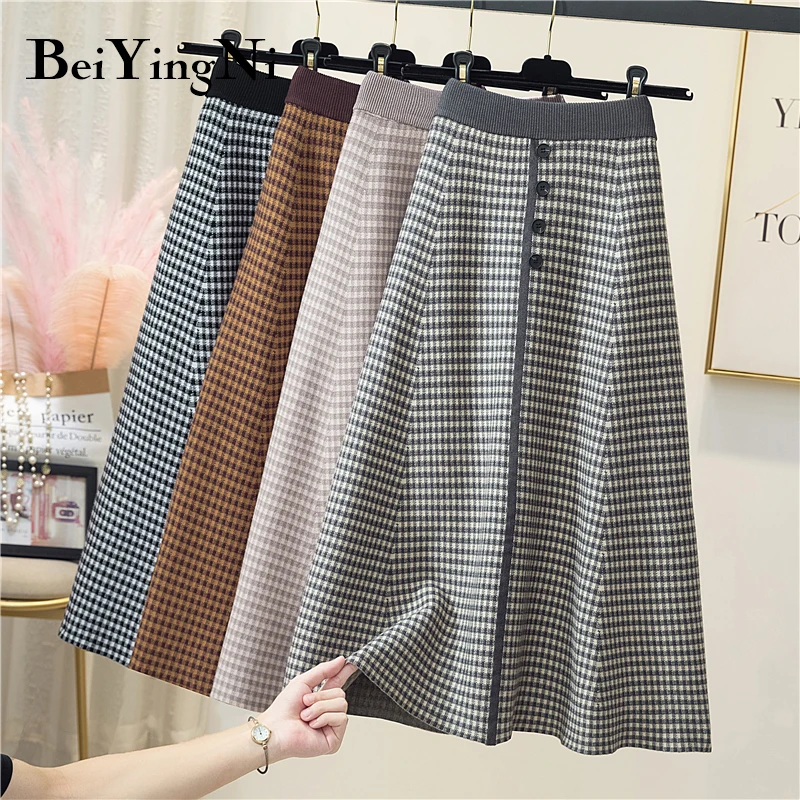 

Женская трикотажная юбка в клетку Beiyingni, повседневная трапециевидная юбка средней длины с высокой талией в Корейском стиле ретро, зимние юб...
