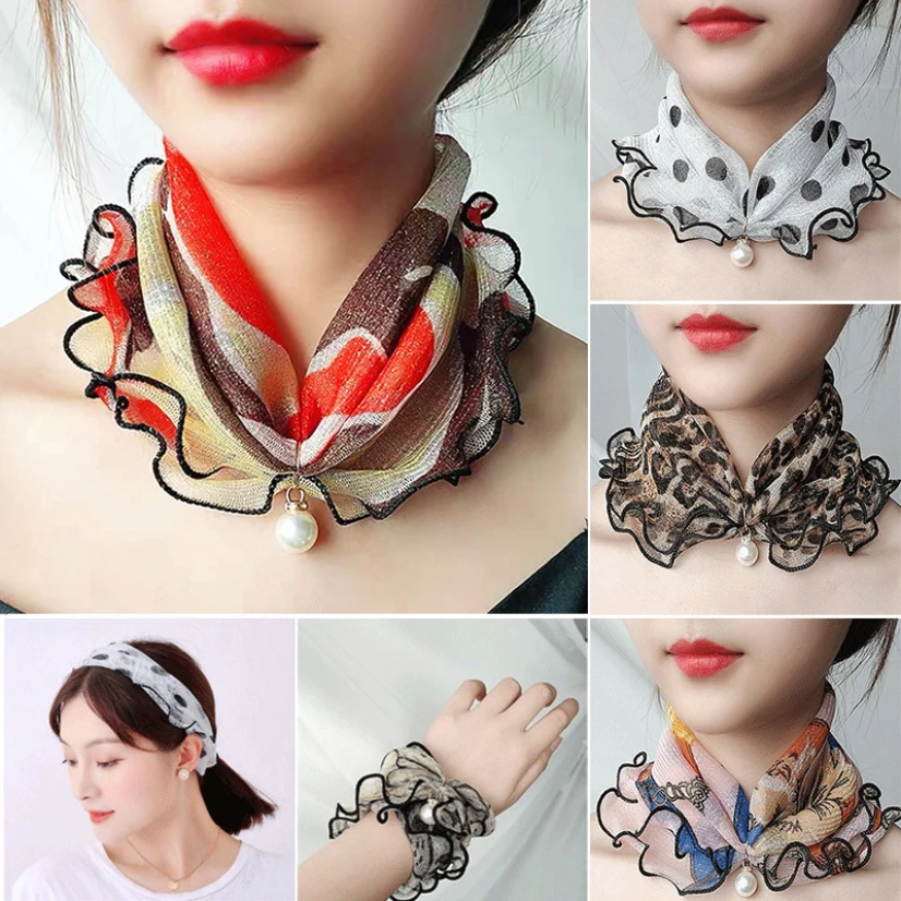 

Fashion Lace Variety Scarf Women Pearl Square Scarves for Ladies Beach Necklace Ruffle Elegant Hair Scarf Women Bandana Dress