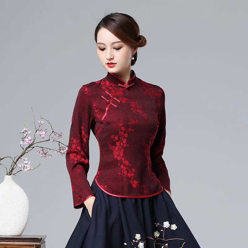 Sheng Coco жаккардовые Топы Блузки женский костюм с длинным рукавом китайский стиль