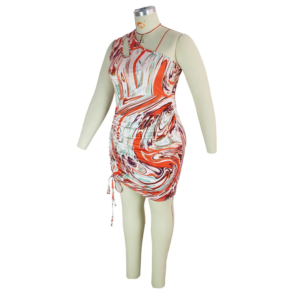 Vestido de talla grande para mujer, vestido Sexy ajustado con cuello Diagonal sin mangas estampado, minivestido holgado de talla grande