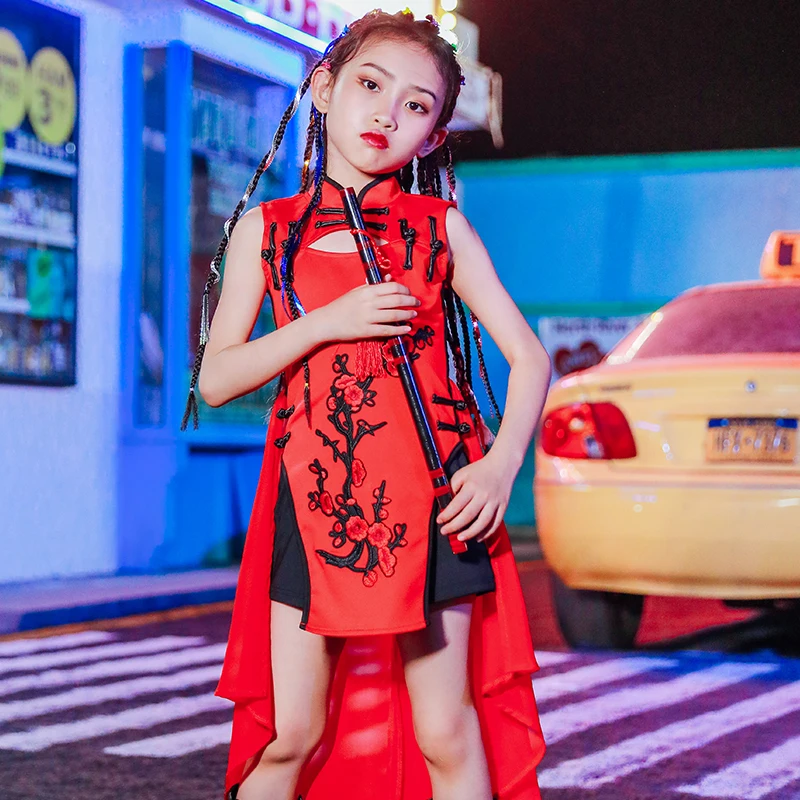 

New Chinese Style Jazz Dance Costume For Kids Catwalk Model Clothes Girls Street Dance Dress Children Hip Hop Red Clothes