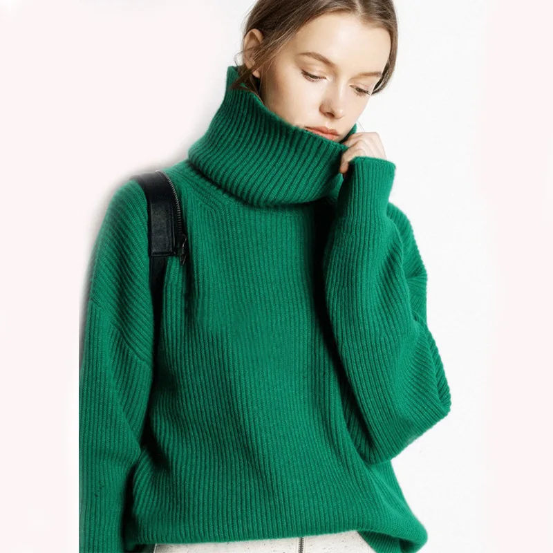 

Женский свитер оверсайз с высоким воротником и длинным рукавом, зимние теплые свитера, повседневный Свободный вязаный свитер, черный джемп...