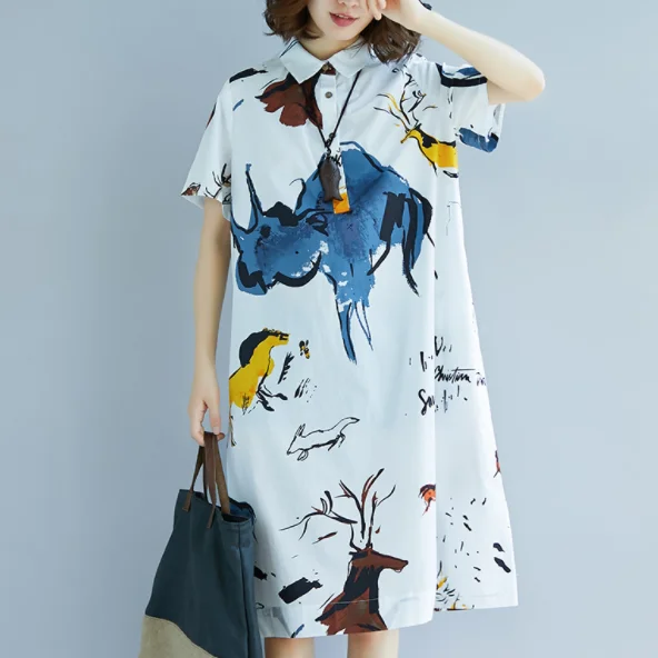 Летнее платье размера плюс женское рубашка миди отложной воротник животный