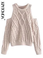 kpytomoa women fashion hollow out cable knit sweater vintage o neck long sleeve female pullovers chic tops