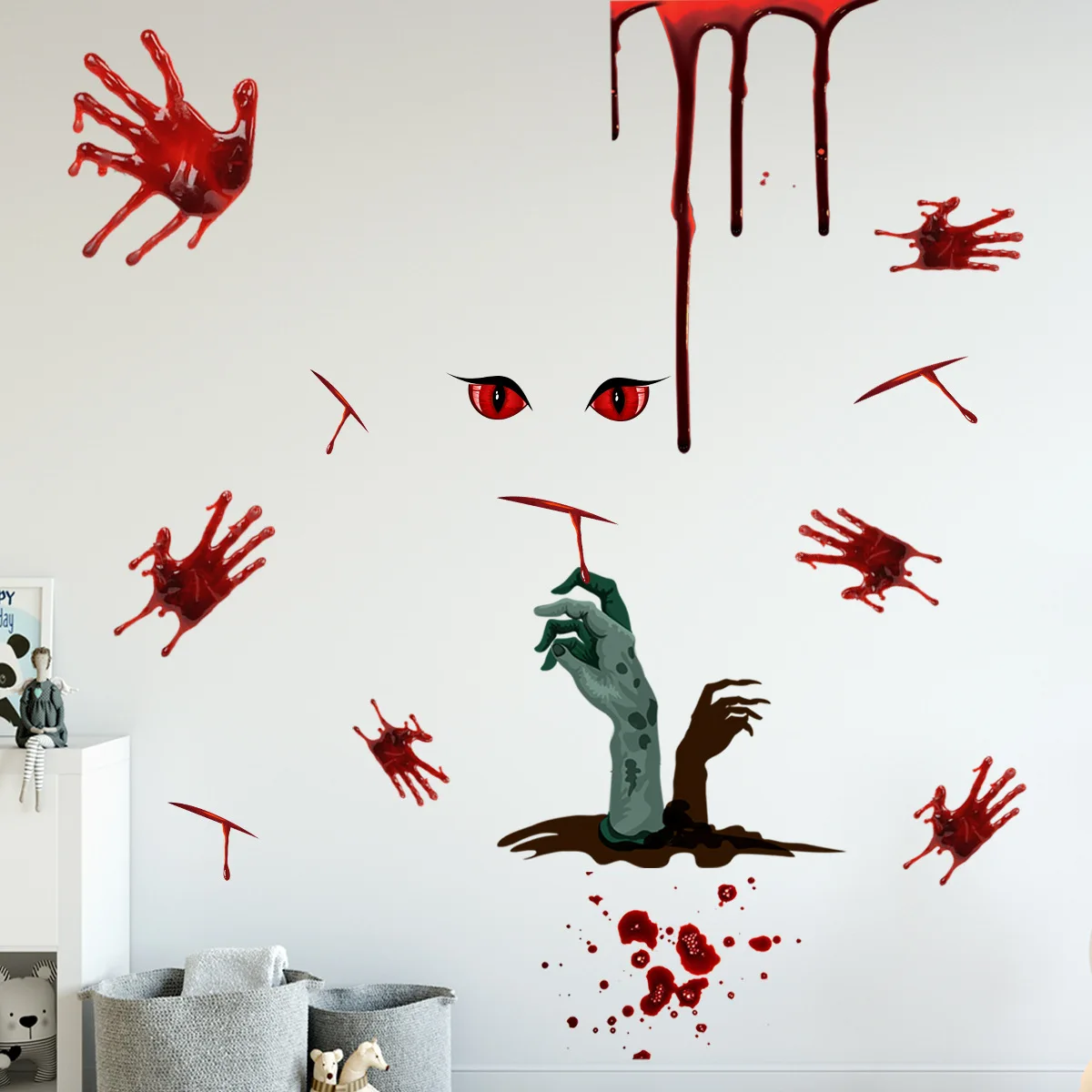 

Halloween Horror Witch Blood Handprint Eyes Bat Holiday Self-Adhesive Wall Stickers Living Room Background Wall Wallpaper