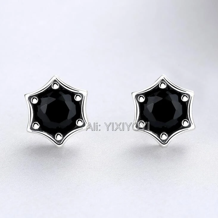 

YIXIYOYI 925 Sterling Silver Black Gem Six Angle Star Stud Ear Earring Retro Vintage Thai Silver Earrings Woman Punk Jewelry