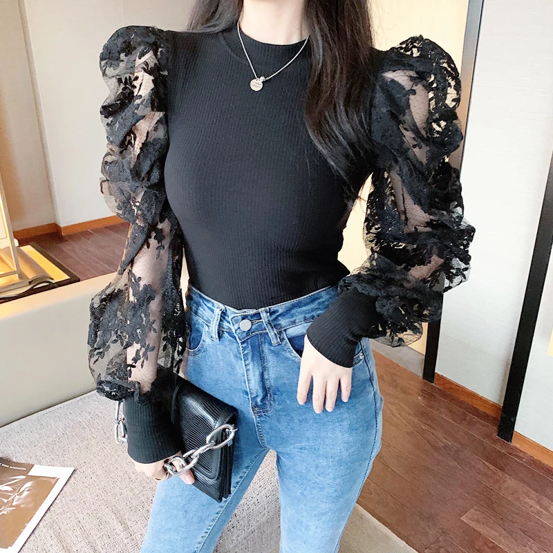 Vintage Puff Sleeve Lace Women Shirt Office Camisas Mujer Spring New Female Blouse Slim Stand Collar Woman Blouses Tops 12330 | Женская