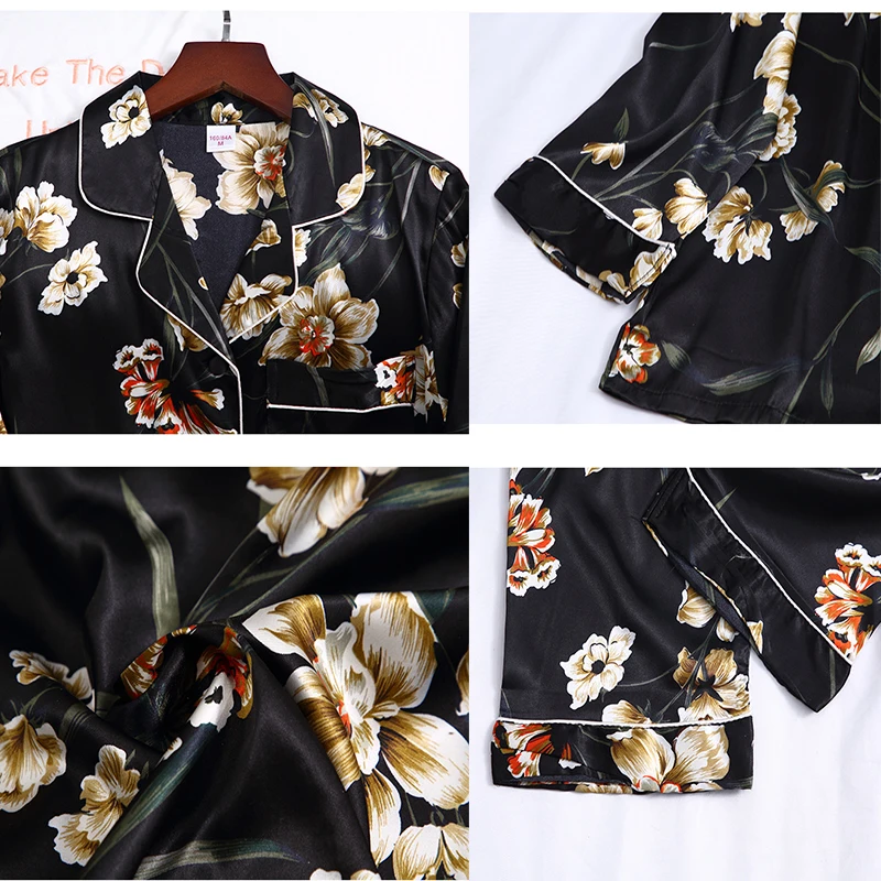 Ice Silk Pajamas Women Sleepwear Suits Spring Summer Long Sleeve Trousers Suit Printing Fashion Pyjamas Set Femme Home Clothing