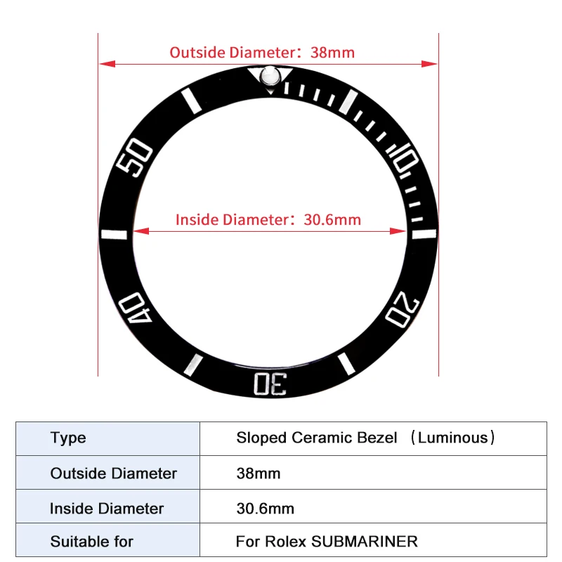 

Luminous Sloped Ceramic Bezel insert Slopping bezel 38*30.6mm For Rlx SUBMARINER MOD watch parts