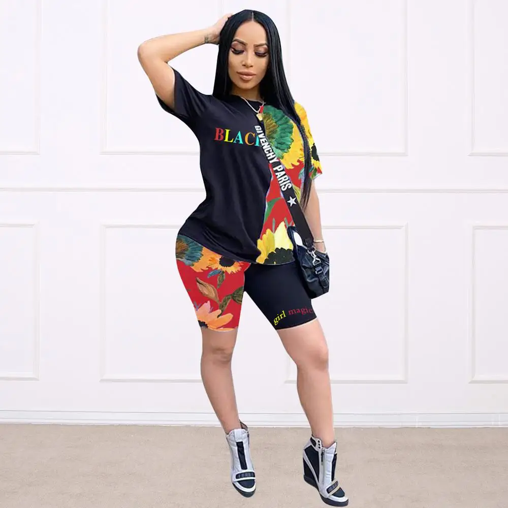 

Custom print black two piece set women clothing breathable casual shirt and shorts