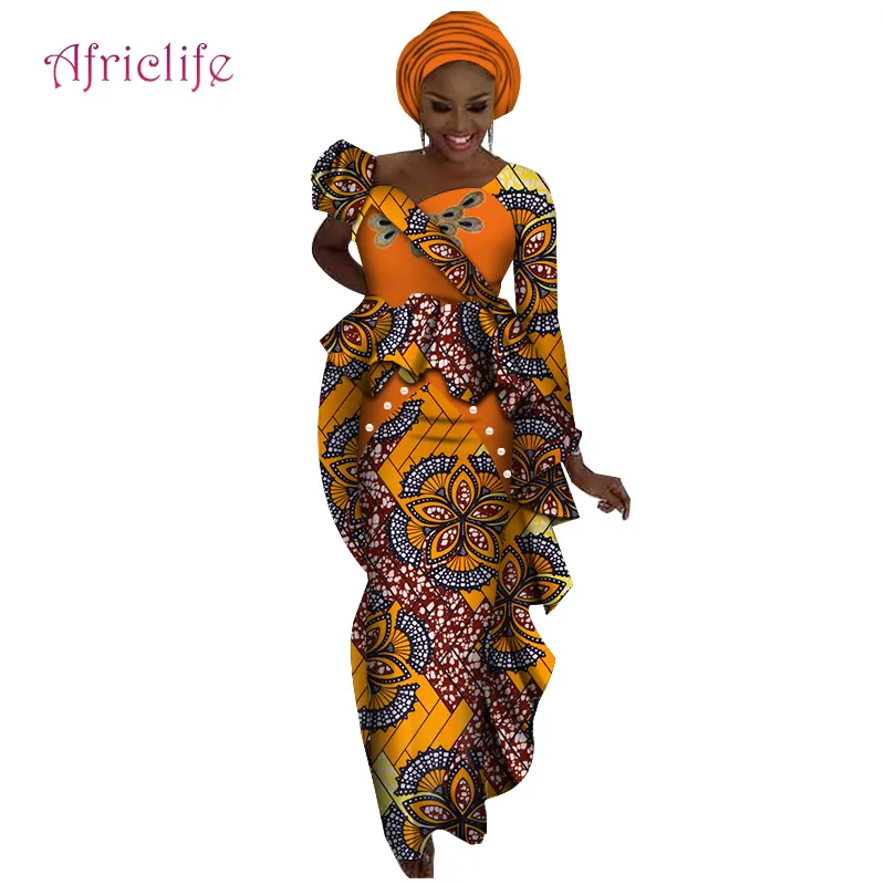 

African Skirt Set long Tailed Top and Hip Skirt African Traditional Wear for Women Party Plus Size Gifted Headwrap WY4604