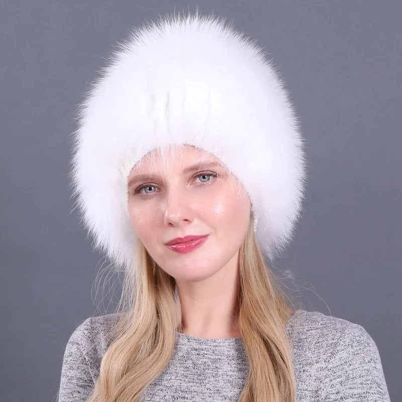 Женские шапки из натурального меха лисы Зимние эластичные роскошные меховые шапки вязаные на подкладке из енота, лисы меховые шапки русские шапки-бомберы - Цвет: color14