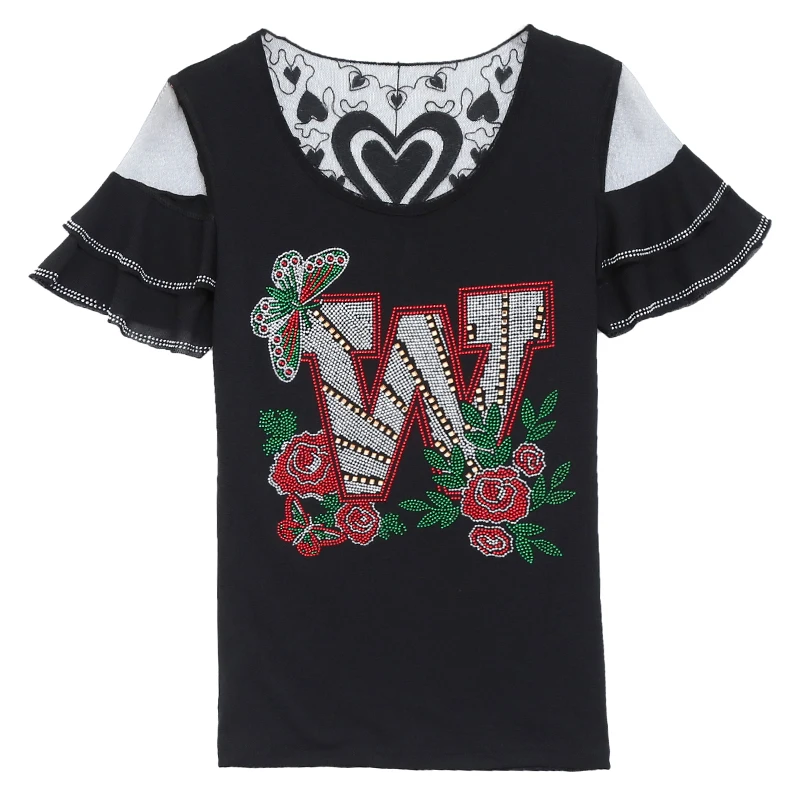 

2021 Women Summer Letters Print Diamond Tops Fashion Mesh Patchwork Butterfly Sleeve Sexy Tee Female Round Neck Harajuku T-Shirt