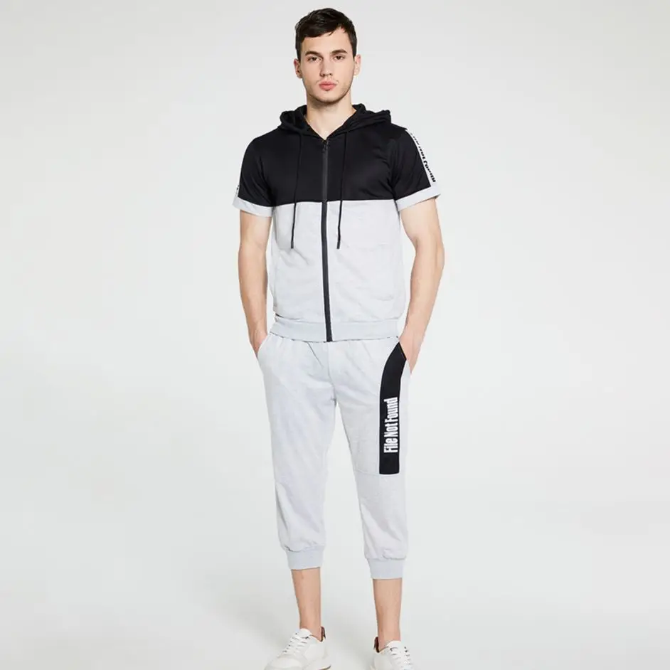 

Hooded Short-Sleeved Two-Piece Cardigan Zipper Hooded Hit Color T-Shirt English Printed Cropped Trousers Sports Fashion Men