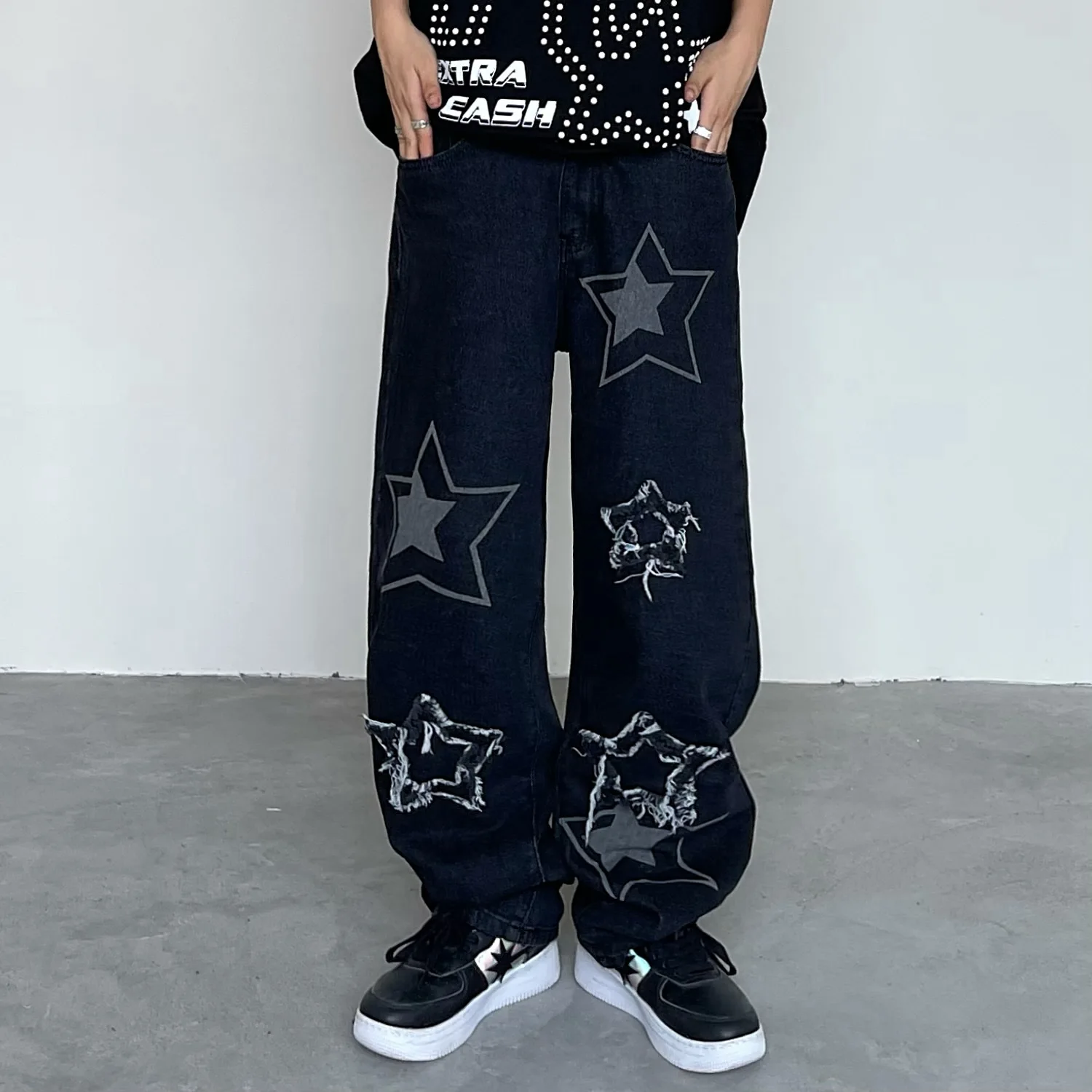 Washed frayed star jeans loose and thin street fashion brand straight loose pants men ripped jeans