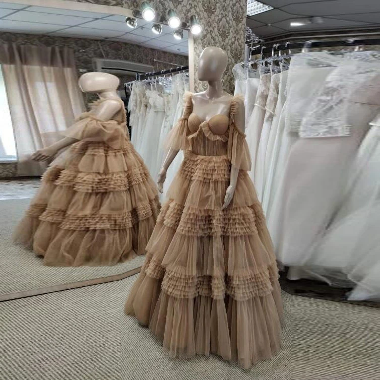 

Brown Elegant Exquisite Women Dress A-Line Floor Length Sweetheart Tulle Ruffle Floor Length Evening Dress Prom Dress Plus Size