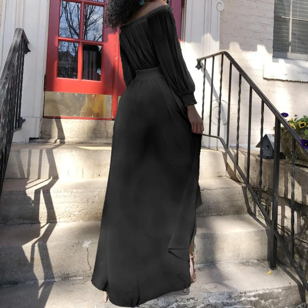 

Spring Summer 2021 Western Style Bandage Chiffon One Shoulder Draw Back Solid Color Irregular Swing Women's Dress Long Sleeve