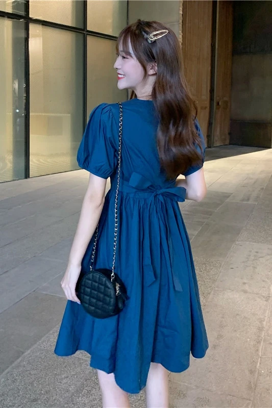 

Summer Korean 2020 New Style Waist Closing Slim V-neck Bow Small Foreign Style Short Sleeve Dress Women's Skirt