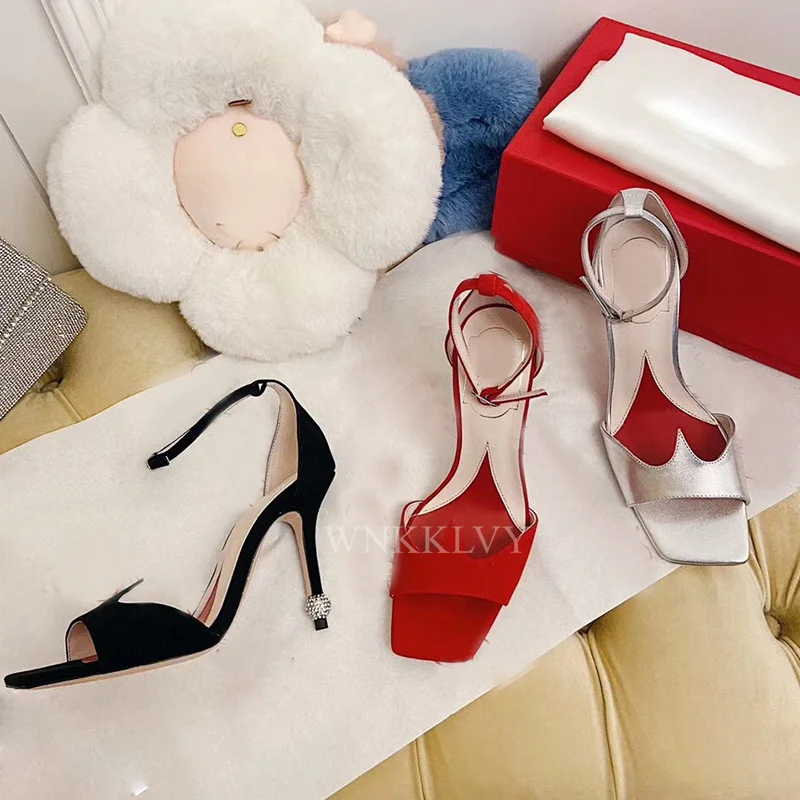 

Summer Rhinestone Thin High Heel Sandals Women Suede Square Peep Toe Ankle Strap Sandalias Ladies Sexy Wedding Bride Shoes 2021