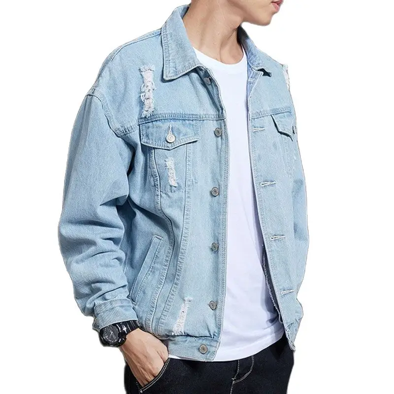 

autumn 2021 Fashion men's denim jacket Riipped hole Korean Japanese loose student denim Coat