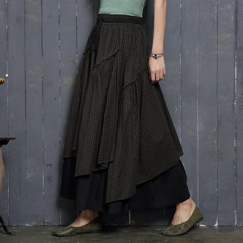 Женская хлопковая юбка Весенняя Асимметричная в клетку с высокой талией | одежда