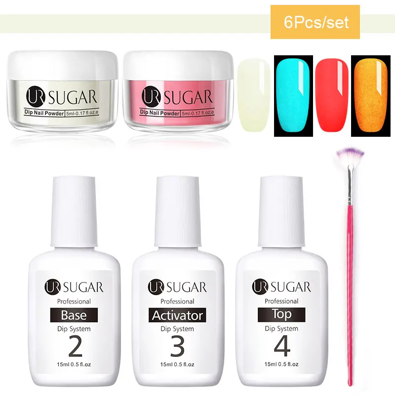 6Pcs set 3 Ur Sugar 6 шт./компл. световой Dip порошок для ногтей базовый топ акриловая жидкая пудра погружения комплект резьба нейл-арта украшения для маникюра - Цвет: 6Pcs set 3