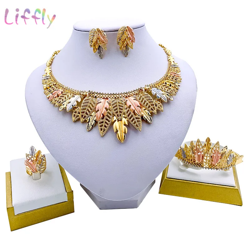 Liffly Дубай Модные Ювелирные наборы трехцветное ожерелье классическое браслет в