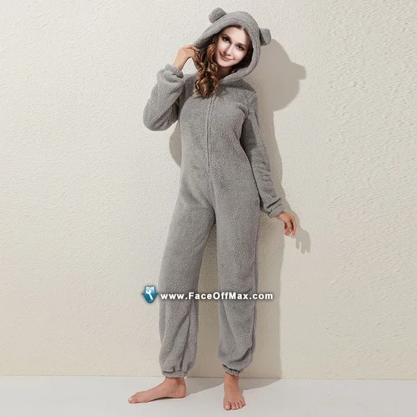 

Winter Teddy Ear Cute Sleepwear Onesies Women Sexy Ladies Plush Thickened Kawaii Hooded Pajamas Homewear Warm Jumpsuit Nightgown