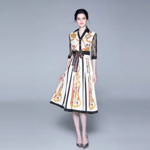 

Spring Fashion Mesh Sleeve Knee-Length Dress Women's Lace Luxury Chain Printing V-neck Lace-up Belted Elegant Vintage Dresses