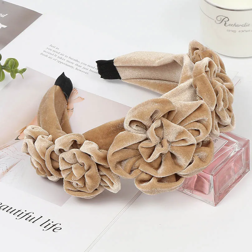 E AWAYTR New Solid Color Peony Flower Velvet Hairband for Women Winter Headdress Ladies Ball Party Retro Fashion Accessories - Цвет: E