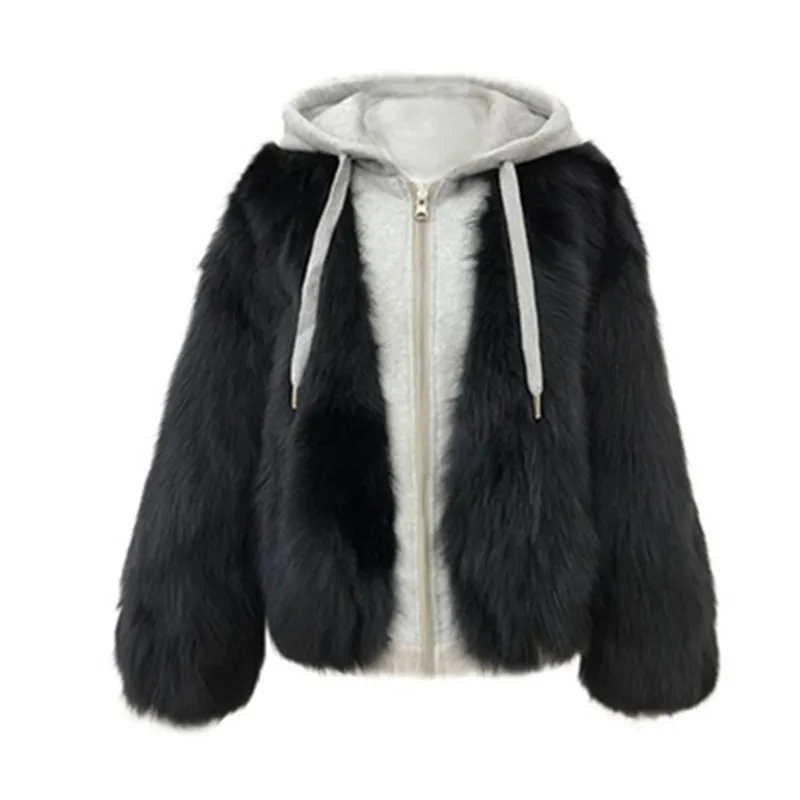 

Women Winter New Fashion Hit Color Spliced Hooded Fur Leather Female Loose Casual Designed Brand Parkas Ladies Warm Coats ML758