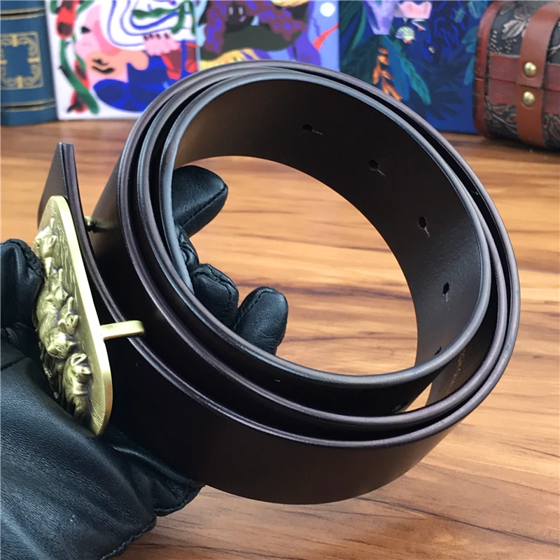 

Brass Wolf Buckle Genuine Leather Belt Men Ceinture Homme Leather Belts For Men Waist Belt Wide Riem Belt Men MBT0026