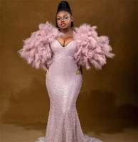 pink formal prom dresses feather sequins beads luxury evening dress special occasion party gowns long sleeves custom made