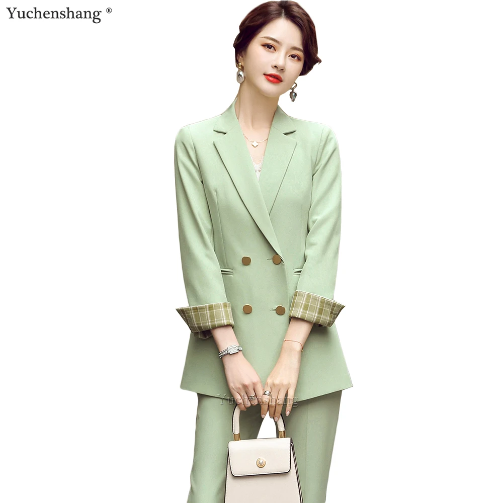 

Fall Autumn Winter New Arrival Pant Suit Women Casual 2 Piece Set Long Sleeve Loose Double Breasted Green Blazer and Trouser