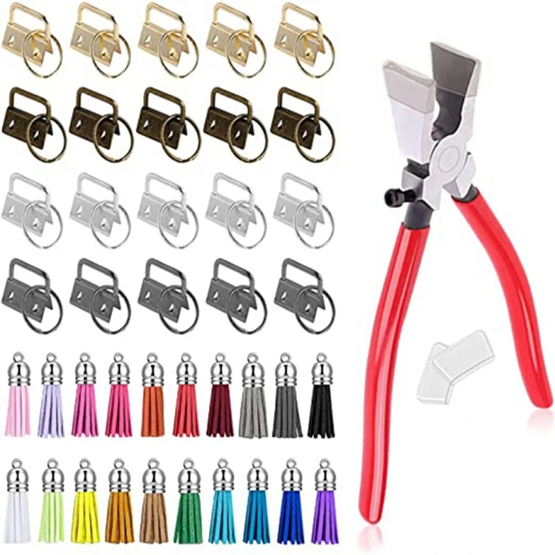 

2021 New 61 Pcs Key Fob Hardware Set with Pliers Leather Tassels for Wristlet Clamp Key Lanyard Key Chain Making Supplies