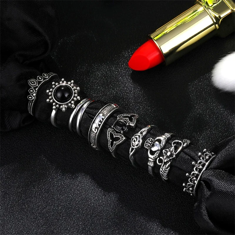 10Pc /Set Openwork Flower Elephant Crown Peach Heart Round Gem Adjustable Women Silver Color Rings Fashion Jewelry | Украшения и