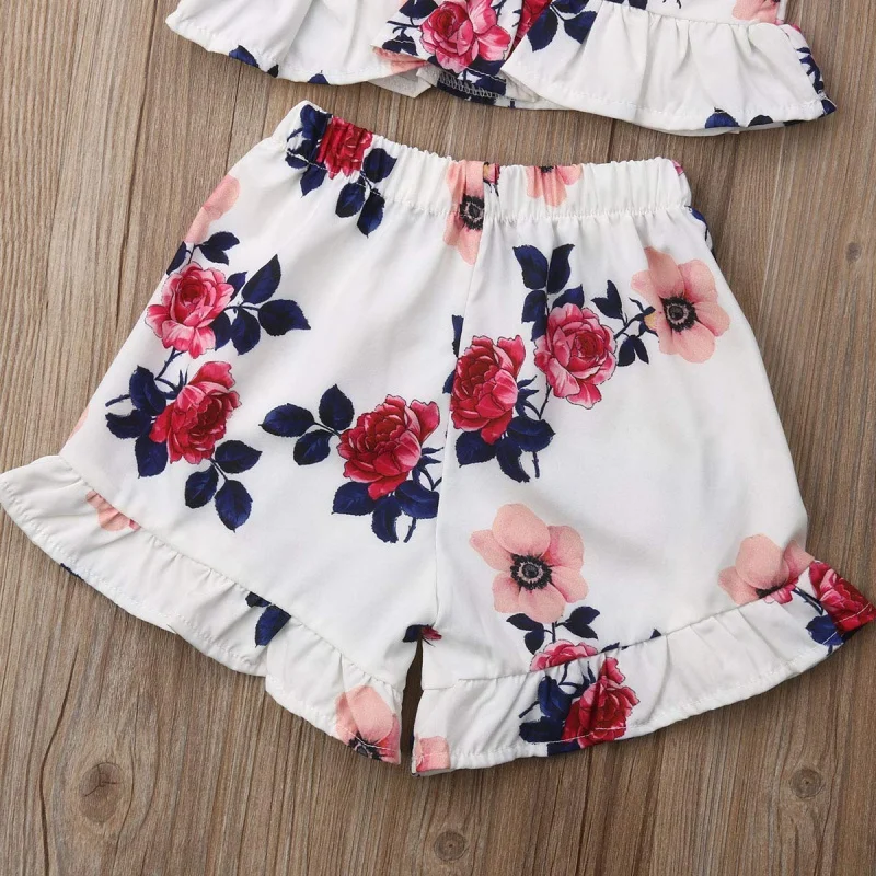 

2020 Children Summer Cute Clothes Set Baby Girls Sleeveless Sweet Floral Print Sling Tops+Shorts 2 Pcs Outfit Suit