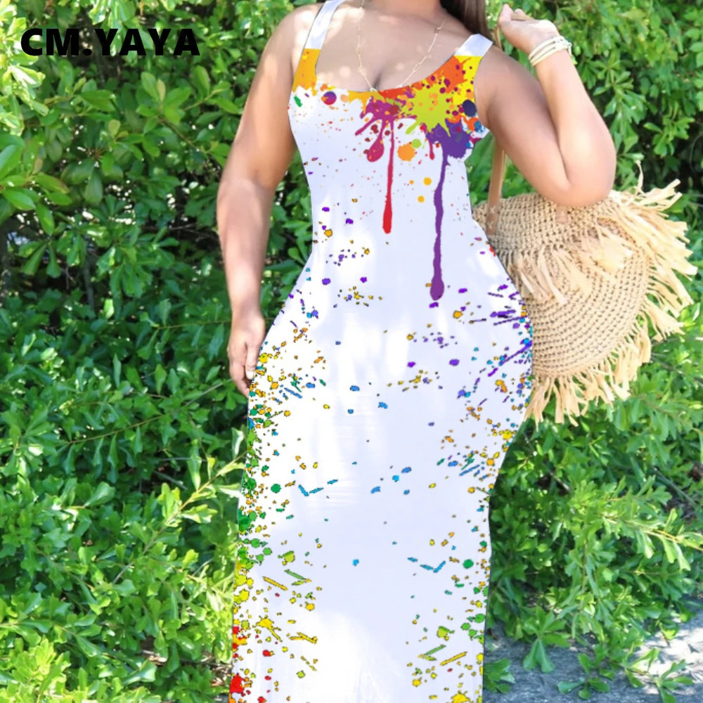 

CM.YAYA Long Dress Women Print Sleeveless Skinny Elastic O-neck Floor-length Dresses Female Casual Fashion Outfit Summer 2021