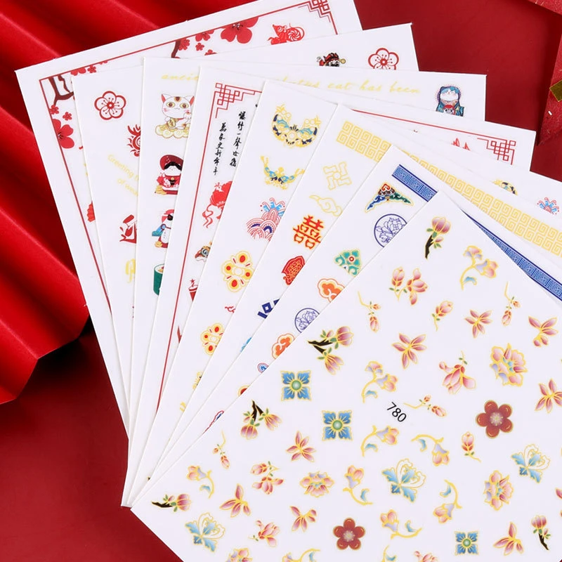 

1PC 2021 New Arrivals Red Year of the Rat Nail Water Sticker Beauty Palace Style Slider Colorful Pattern 3D Manicure Sticker DIY
